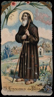 Saint Francis of Paula holding his walking stick with both hands and looking at the sun; church in the background on the right. Colour lithograph, ca. 1898.