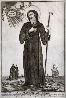 Saint Francis of Paula holding a walking stick and looking at the sun; sea in the background. Etching, 17--.