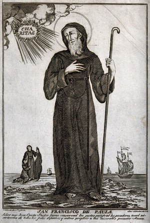 view Saint Francis of Paula holding a walking stick and looking at the sun; sea in the background. Etching, 17--.