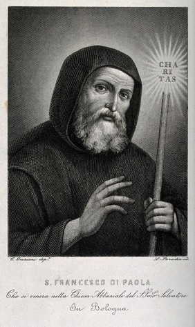 Saint Francis of Paula, head and shoulders; bestowing his blessing with his right hand. Engraving by Paradisi after E. Graziani, 1840/1880.