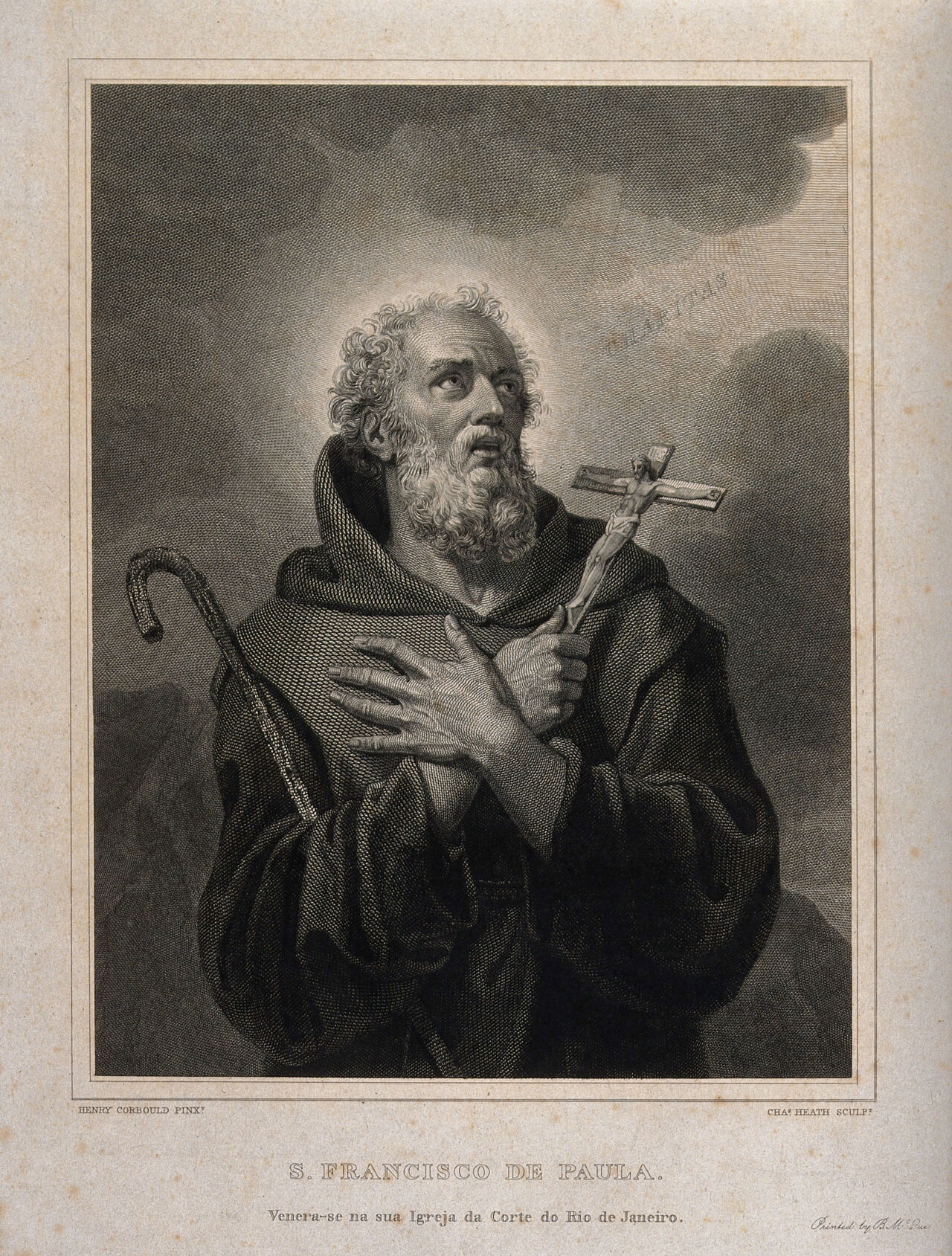 Saint Francis of Paula holding a crucifix, looking towards the sky, with the word Charitas. Engraving by C. Heath after H. Corbould, 18--., by Henry Corbould