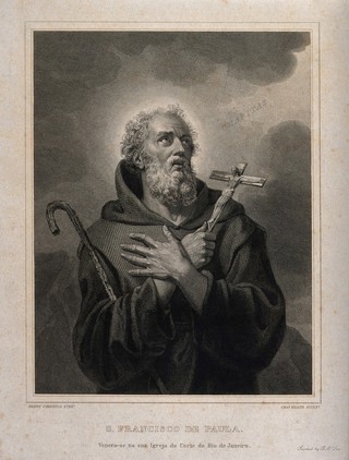 Saint Francis of Paula holding a crucifix, looking towards the sky, with the word Charitas. Engraving by C. Heath after H. Corbould, 18--.