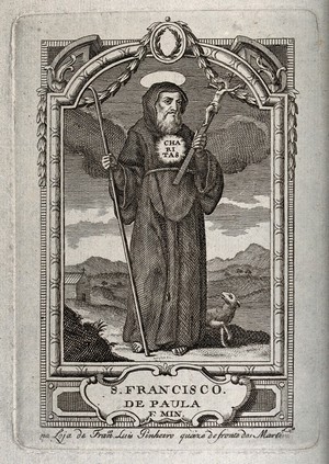 view Saint Francis of Paula holding a crook and and a cross, walking along a path with a lamb. Etching, 1700/1780.