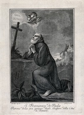 Saint Francis of Paola kneeling in front of a cross, praying; church in the background, two cherubs in the sky. Engraving by G.B.G., 1788, after G.B. Cozza.