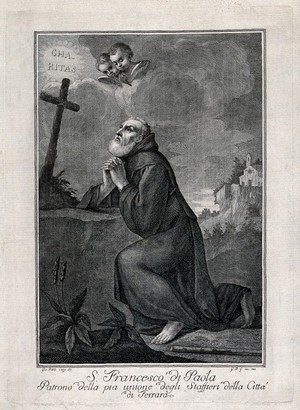 view Saint Francis of Paola kneeling in front of a cross, praying; church in the background, two cherubs in the sky. Engraving by G.B.G., 1788, after G.B. Cozza.