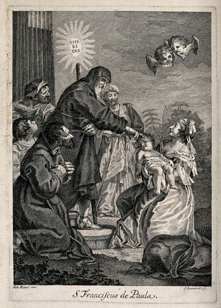 Saint Francis of Paula, surrounded by four men, touches the forehead of an infant in its mother's arms; two cherubs are in the sky. Etching by J. Leonardis after S. Ricci, ca. 1750/1780.