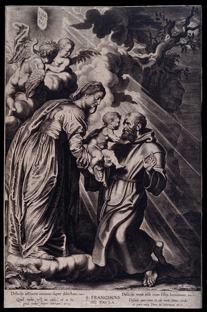 view Saint Francis of Paula receiving the infant Christ from the Virgin Mary; two cherubs are watching the scene. Engraving by M. Lasne after P.P. Rubens, ca. 1640.