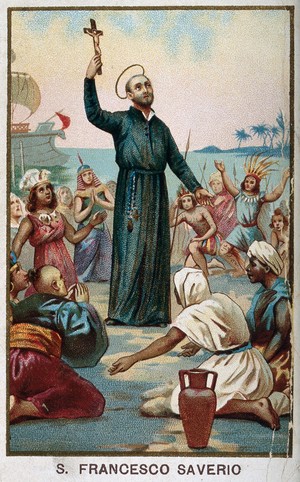 view Saint Francis Xavier holding a crucifix, surrounded by Asian and African people kneeling in front of him; sea and a ship in the background. Colour lithograph, ca. 1898.