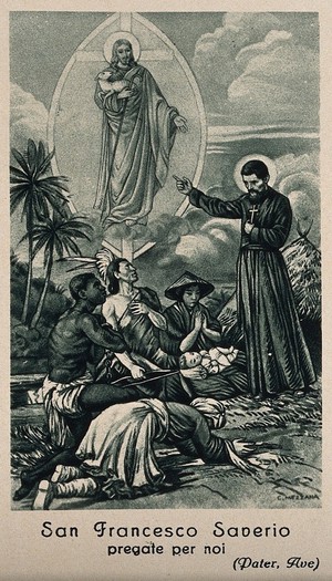 view Saint Francis Xavier as a missionary with a Chinese woman, an African man, a Native American and an Indian; showing them an image of Christ holding a lamb. Lithograph after C. Mezzana.