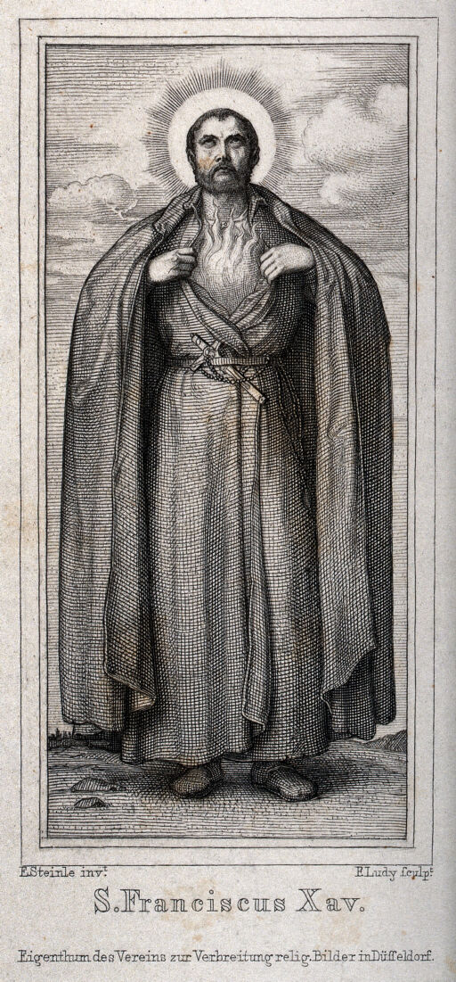 Saint Francis Xavier, looking upwards, showing his burning