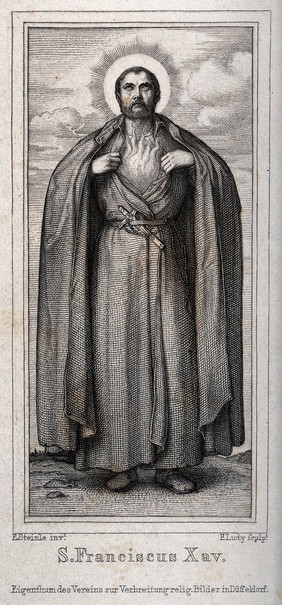 Saint Francis Xavier, looking upwards, showing fire in his chest. Engraving by F. Ludy after E. Steinle.