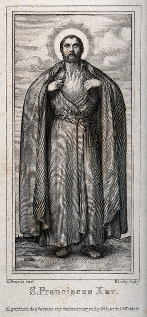 view Saint Francis Xavier, looking upwards, showing fire in his chest. Engraving by F. Ludy after E. Steinle.