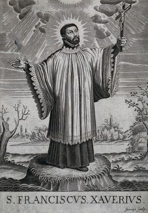 view Saint Francis Xavier, holding a crucifix, looking upwards. Engraving by L. Spirinx.
