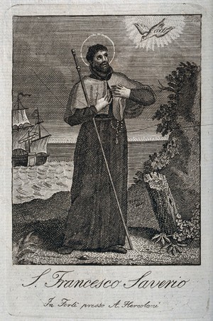 view Saint Francis Xavier, visited by the Holy Ghost, in the form of a dove; sea and ship in the background. Engraving, 18--.