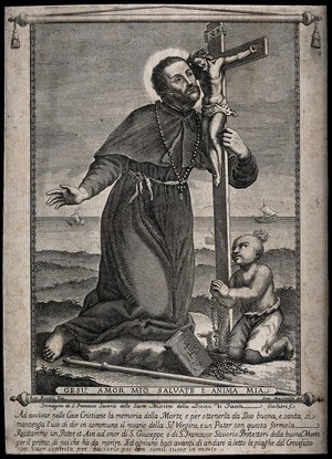 view Saint Francis Xavier praying with a little Asian boy in front of a cross. Engraving by G. Fabri after A. Macinelli after A. Bonfigli.