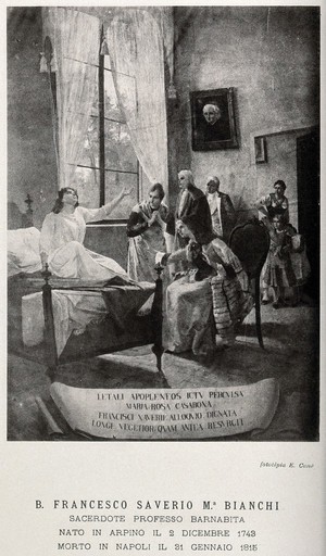 view Maria-Rosa Casabona, struck by apoplexy, is revived by an address of the blessed Francesco Saverio Maria Bianchi. Process print.
