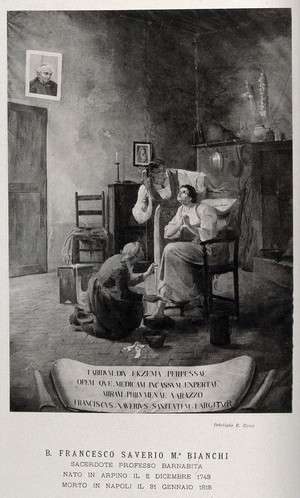 view Filomena Varazzo, a woman whose eczema could not be cured by medicine, is cured by looking at a picture of the blessed Francesco Saverio Maria Bianchi. Process print.