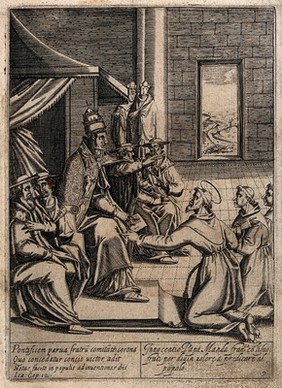 Saint Francis of Assisi given permission by Pope Innocent III to preach to the people. Engraving, 16--.