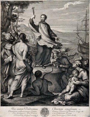 view Saint Francis Xavier, holding a crucifix, is preaching to a group of people during one of his missions in India. Engraving by G. Edelinck after J. Sourley.