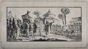 view Saint Francis Xavier (?), holding a crucifix and supported by artillery, is preaching to a group of native Americans (?). Etching, 17--.