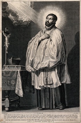 Saint Francis Xavier, standing next to an altar with a crucifix, looking upwards. Engraving by S. à Bolswert after P.P. Rubens, 1600/1650.