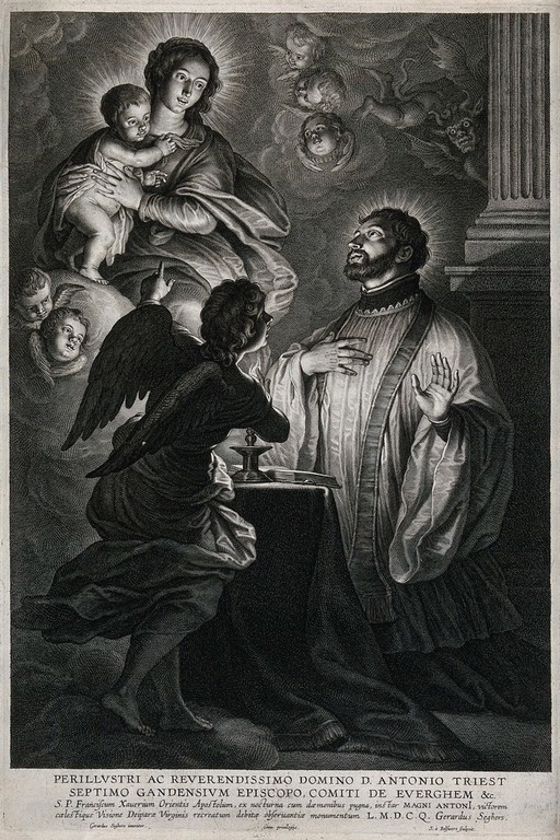 An angel showing a vision of the Virgin and Child to Saint