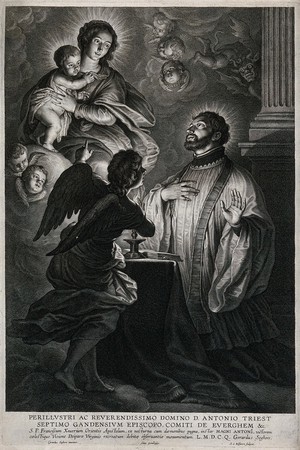 view An angel showing a vision of the Virgin and Child to Saint Francis Xavier. Engraving by S. Bolswert after G. Seghers, 16--.