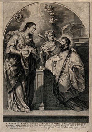 view Saint Francis Xavier being presented by the Virgin with the infant Christ. Engraving by P. Pontius after G. Seghers, 1629/1637.