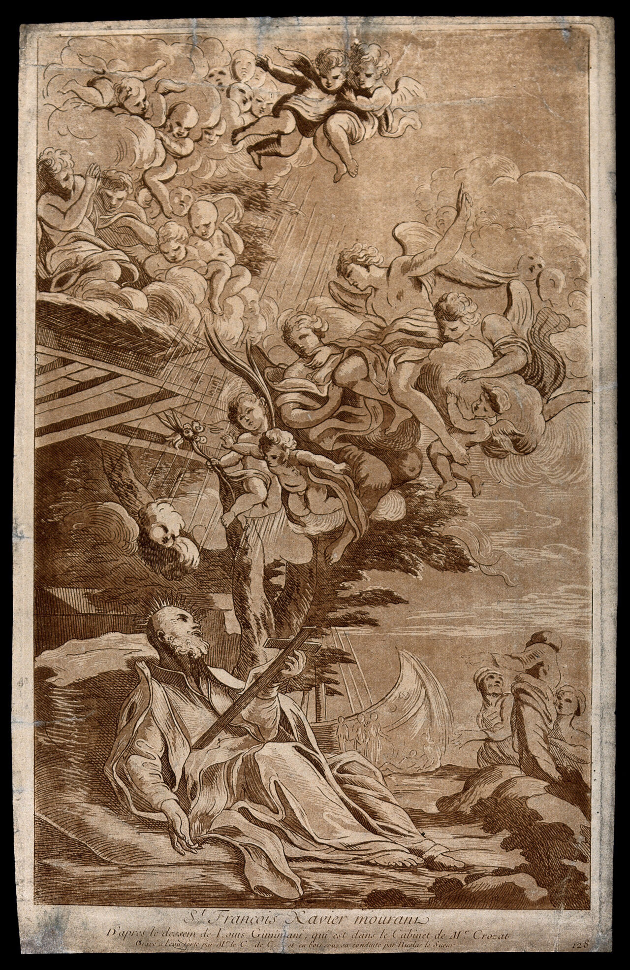 Death of Saint Francis Xavier, holding a crucifix and looking at the sky; angels and cherubs emerging from the clouds. Etching by the Comte de Caylus and woodcut by N. Le Sueur after L. Gimignani., 1720-1760, by Ludovico Gimignani