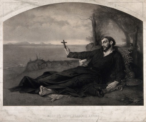 Death of Saint Francis Xavier, holding a crucifix, by the