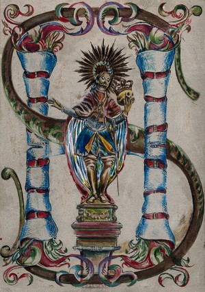 view Saint Francis Borgia on a pedestal between two columns forming the monogram of Jesus, holding a crowned skull. Drawing.