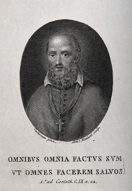 Saint Francis of Sales; head and shoulders. Etching by