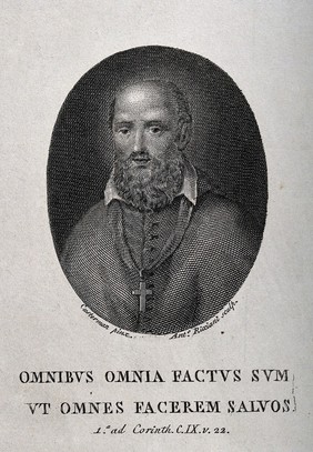 Saint Francis of Sales; head and shoulders. Engraving by A. Ricciani after J. Susterman.