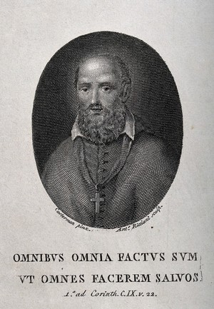 view Saint Francis of Sales; head and shoulders. Engraving by A. Ricciani after J. Susterman.