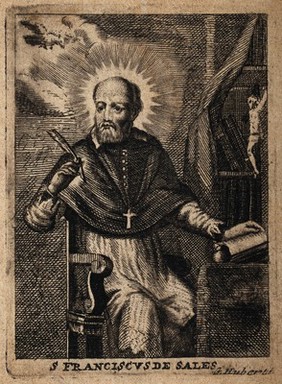 Saint Francis of Sales; seated at a table, holding a quill. Engraving by F. Huybrechts, 16--.