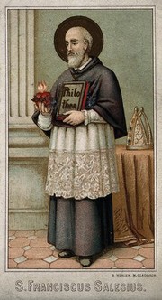 Saint Francis of Sales holding the Sacred Heart and his book Introduction to the devout life. Colour lithograph, ca. 1900.