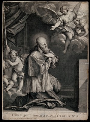 view Saint Francis of Sales kneeling; angels and cherubim emerging from the clouds. Engraving by L. Visscher after C. Maratta.