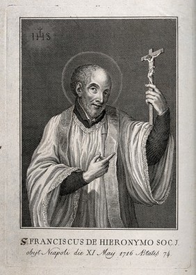The Blessed (subsequently Saint) Francisco Geronimo y Gravina holding a crucifix. Etching.