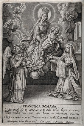 Saint Francisca Romana presented by the Virgin with the infant Christ. Engraving by H. Wierix, 160-.