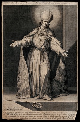 Frederick, 8th bishop of Utrecht, stabbed in the heart. Engraving by Frederick Bloemaert after Abraham Bloemaert, 1630/1680.