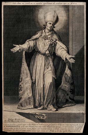 view Frederick, 8th bishop of Utrecht, stabbed in the heart. Engraving by Frederick Bloemaert after Abraham Bloemaert, 1630/1680.