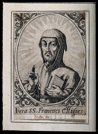 Saint Francis of Assisi, head and shoulders; wearing a Franciscan robe, giving his blessing. Etching by J. Callot.