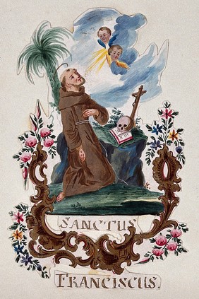 Saint Francis of Assisi, kneeling, receiving the stigmata. Watercolour.