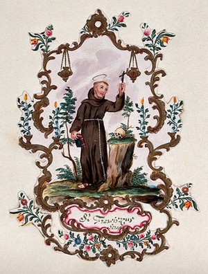 view Saint Francis of Assisi, in a rococo frame, holding a Bible and a crucifix. Watercolour.