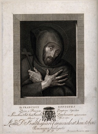 Saint Francis of Assisi holding a crucifix, weeping. Stipple engraving by F. Rosaspina, 1792, after D. Zampieri, il Domenichino.