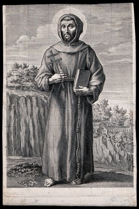 Saint Francis of Assisi on mount La Verna, holding a Bible and a crucifix. Engraving.