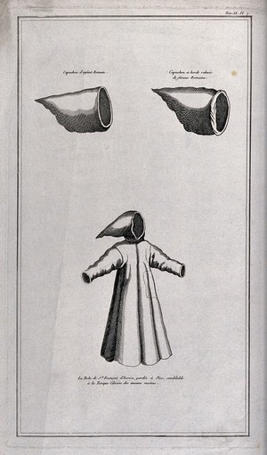 view The monastic habit of Saint Francis of Assisi compared two hoods worn by Roman women and children. Etching, 17--.