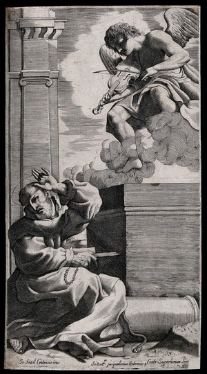 view Saint Francis of Assisi gesturing away from an angel playing the violin. Line engraving by G.B. Pasqualini, 1623, after G.F. Barbieri, il Guercino.