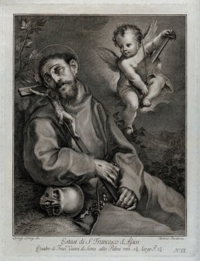 Saint Francis of Assisi having a vision of an angel playing the violin. Etching by A. Baratti after L. Lorenzi, 17--.