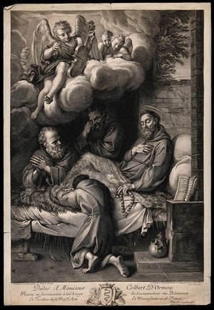 view Saint Francis of Assisi on his deathbed, three Franciscans praying next to him, an angel playing the violin on a cloud. Etching by G. Audran after Annibale Carraci, 16--.